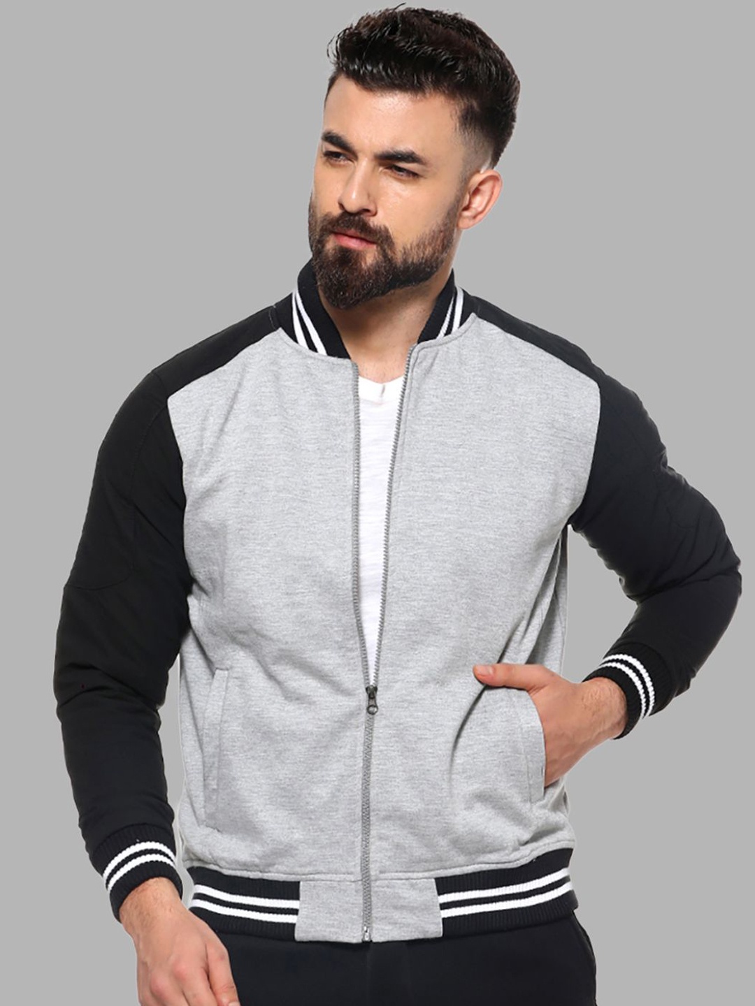 Campus Sutra Men Grey Windcheater Outdoor Varsity Jacket