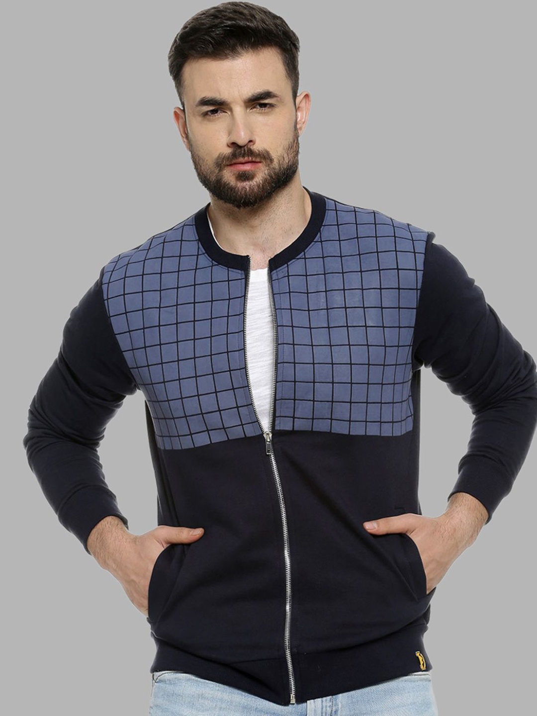 Campus Sutra Men Navy Blue Blue Checked Windcheater Outdoor Bomber Jacket