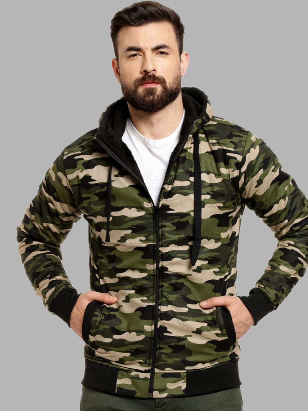 

Campus Sutra Men Green Camouflage Windcheater Outdoor Bomber Jacket