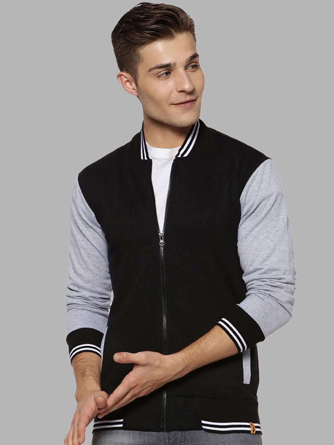 

Campus Sutra Men Black Grey Colourblocked Windcheater Outdoor Varsity Jacket