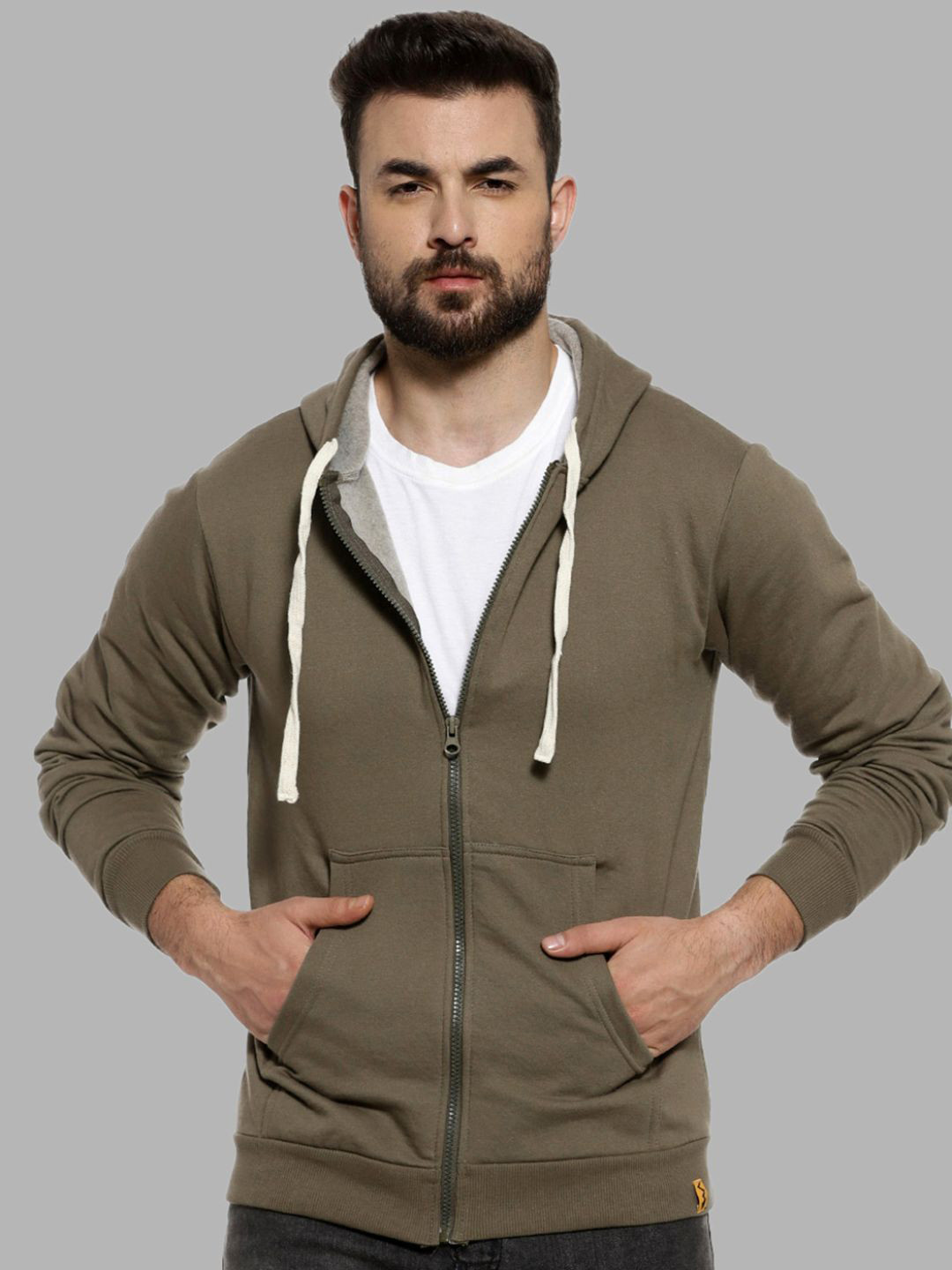 

Campus Sutra Men Olive Green Hooded Sweatshirt
