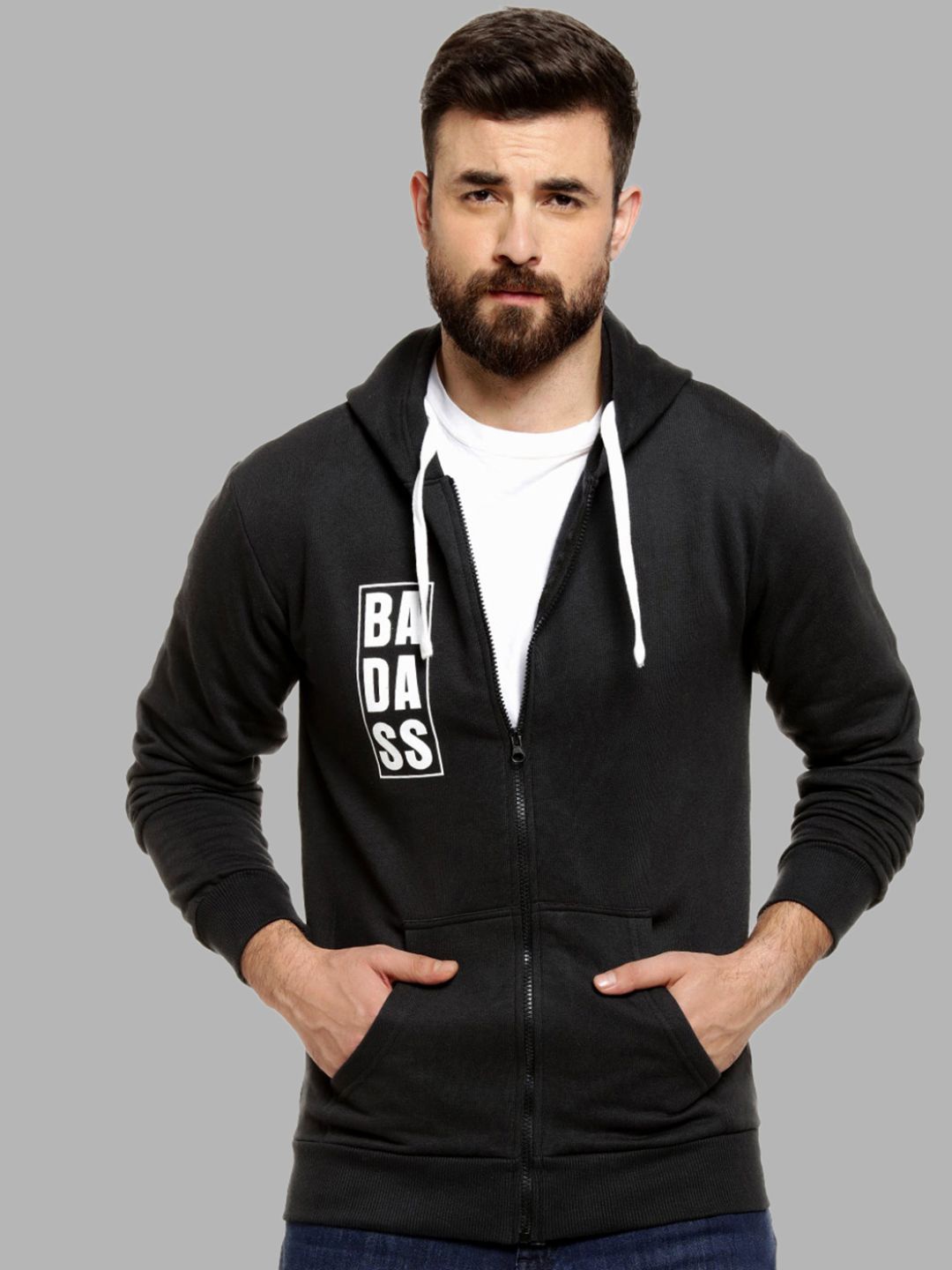 Campus Sutra Men Black Printed Hooded Cotton Sweatshirt