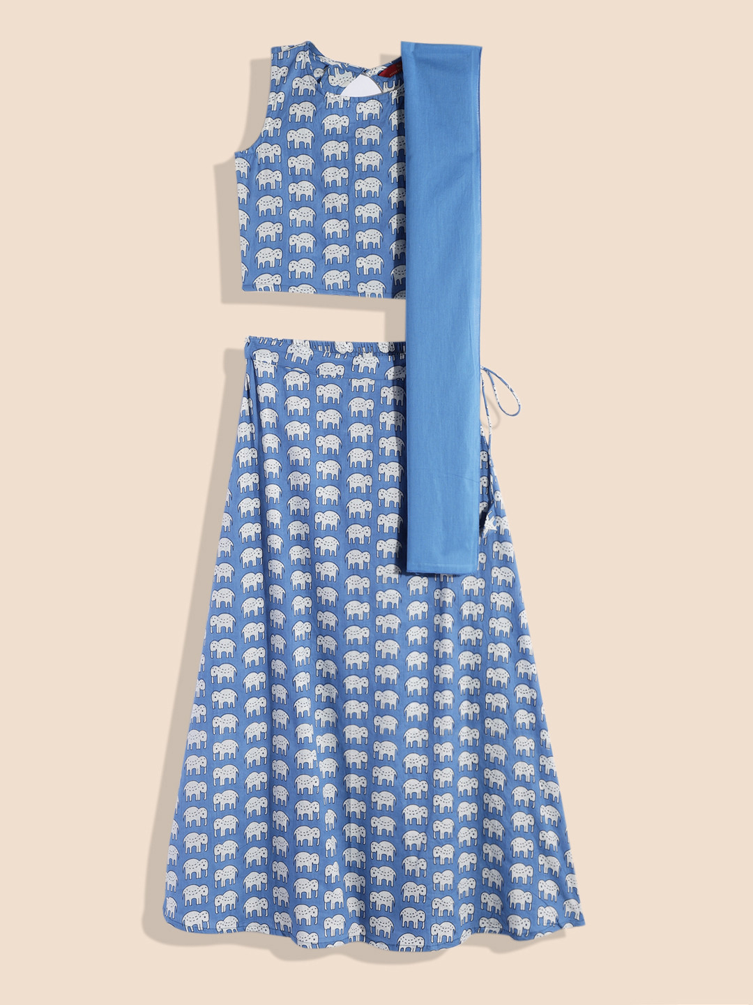 

House of Pataudi Girls Blue & White Printed Pure Cotton Lehenga & Blouse With Dupatta Set