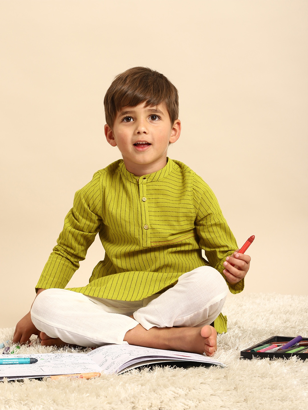 

House of Pataudi Boys Green Striped Pure Cotton Kurta