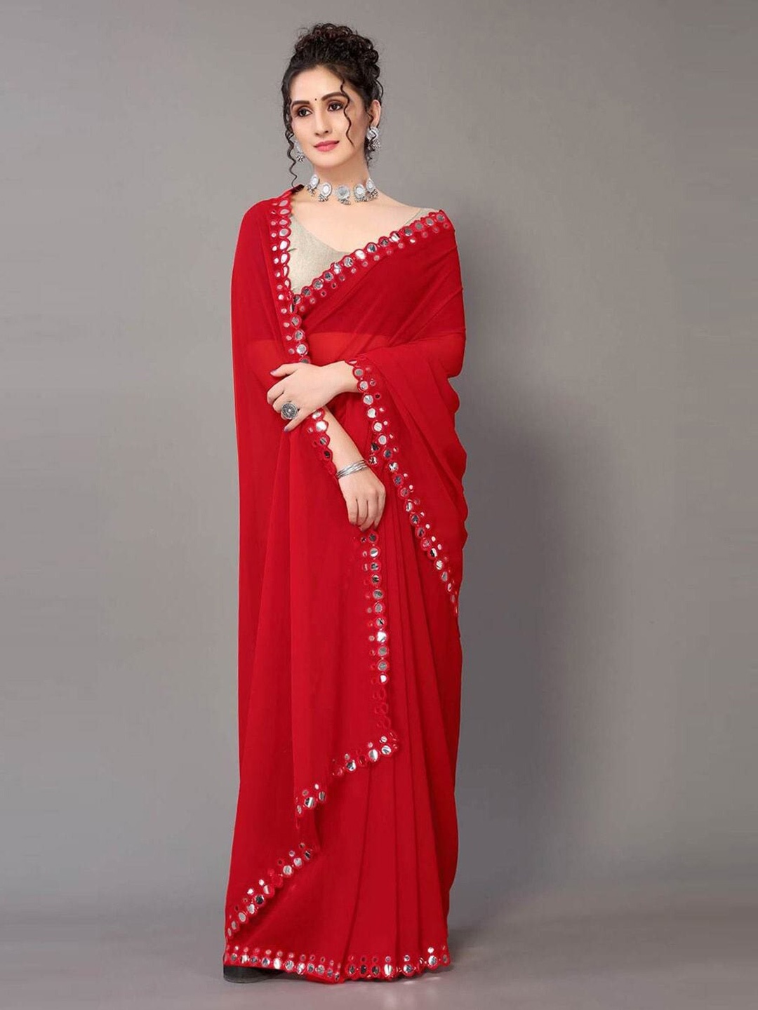 DITISA FASHION Red & White Mirror Work Saree