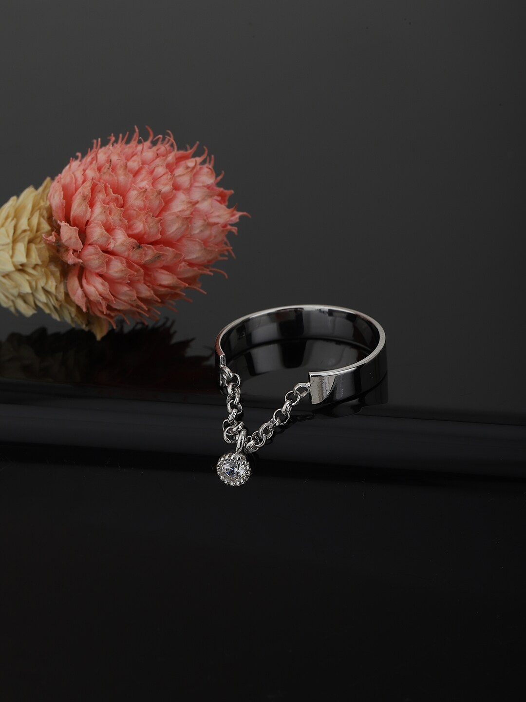 

VANBELLE 925 Silver Rhodium-Plated Silver Toned & CZ Stone-studded Finger Ring