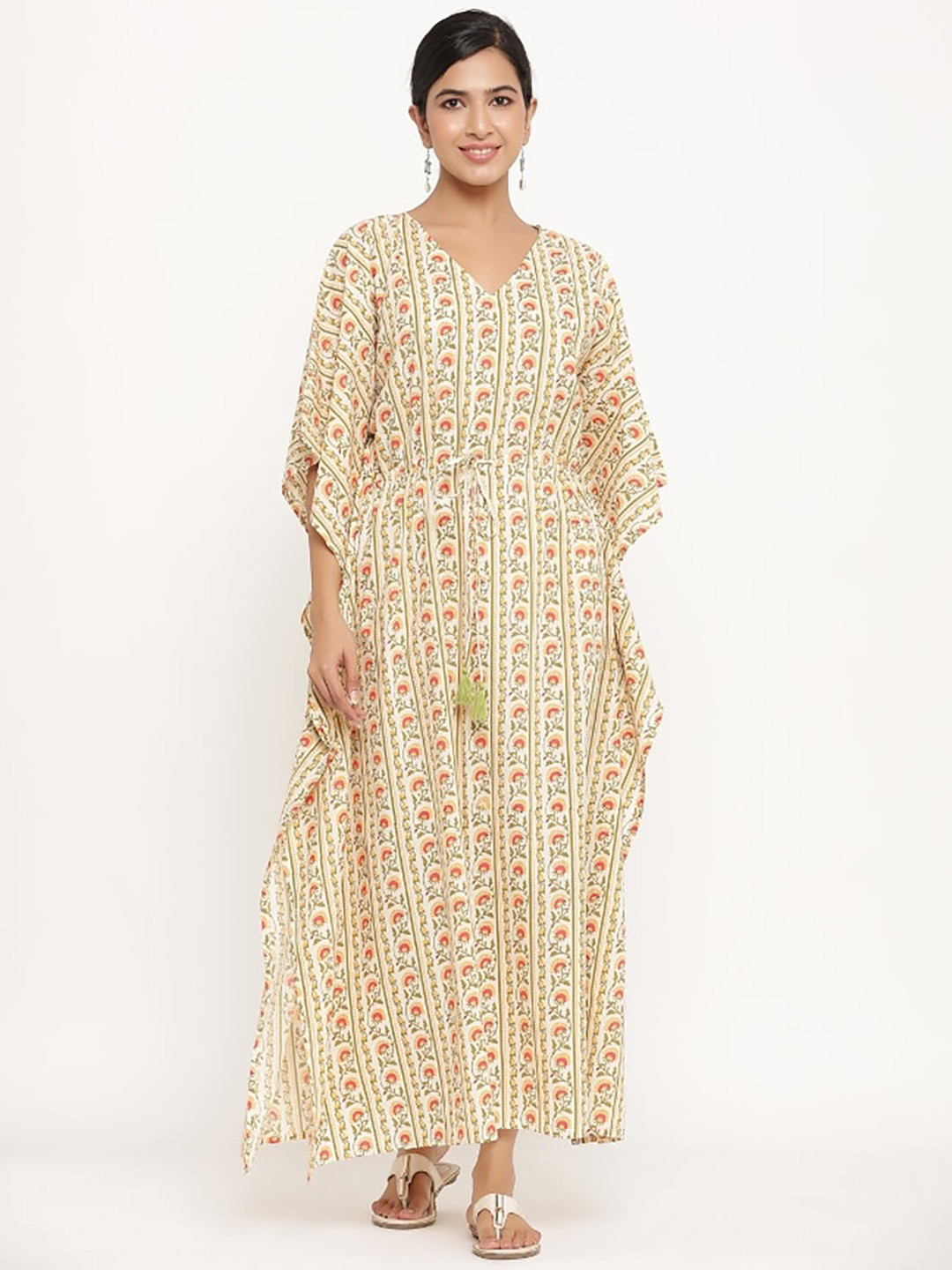 

mirari Yellow Floral Printed V Neck Pure Cotton Kaftan Maxi Nightdress