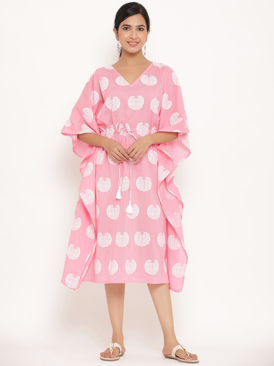 

mirari Pink Floral Printed Knee Length Cotton Kaftan Nightdress MI01-KFT-0411