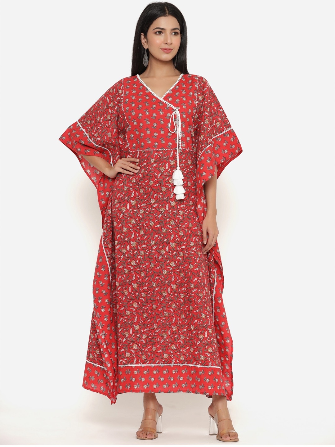 

mirari Red And White Floral Printed Pure Cotton Kaftan Maxi Nightdress