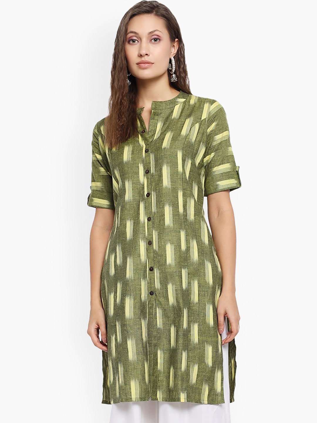 

Vastraa Fusion Women Olive Green & Beige Printed Cotton Straight Kurta