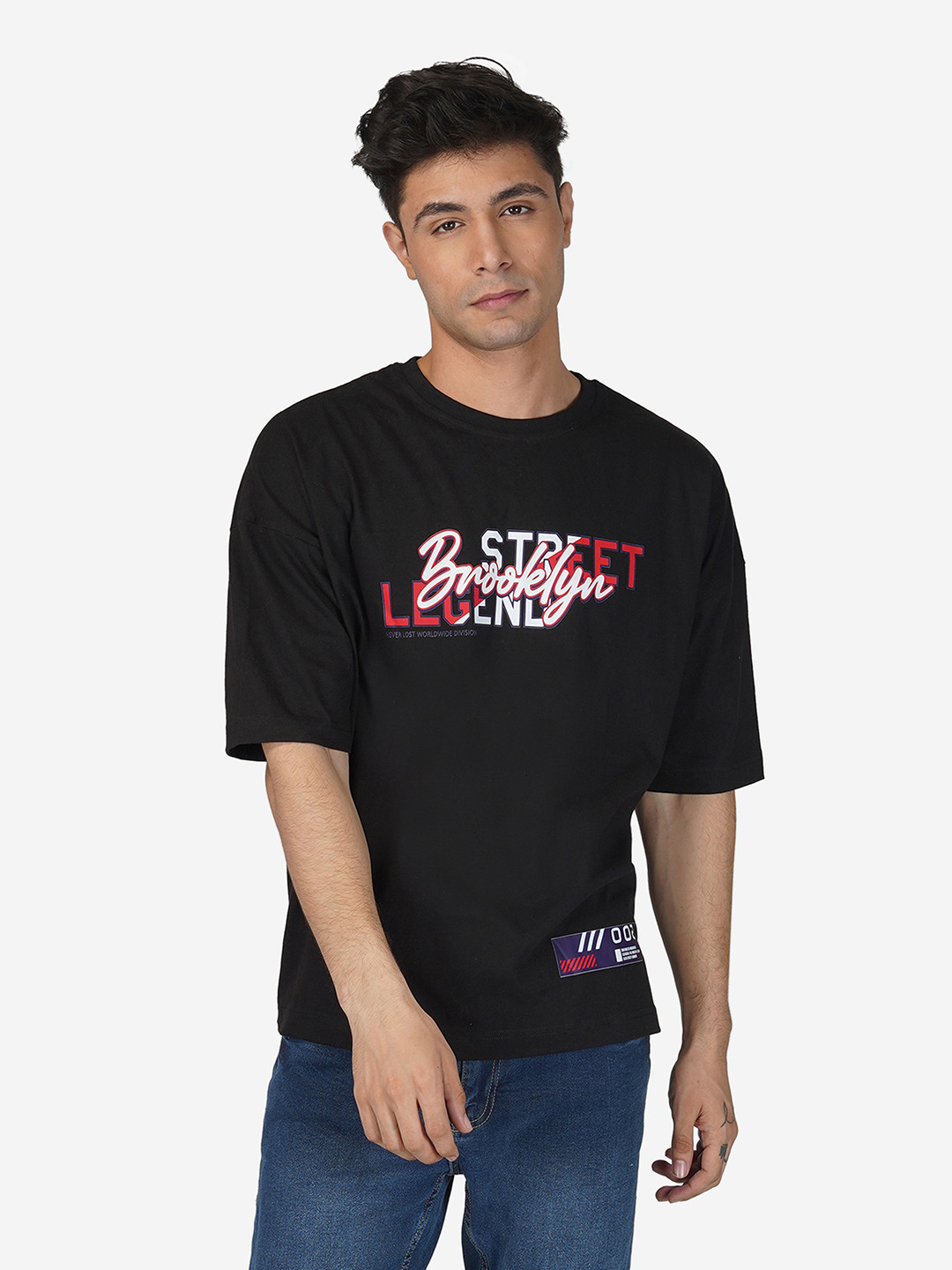 

Tinted Men Black Typography Printed Oversized Cotton T-shirt