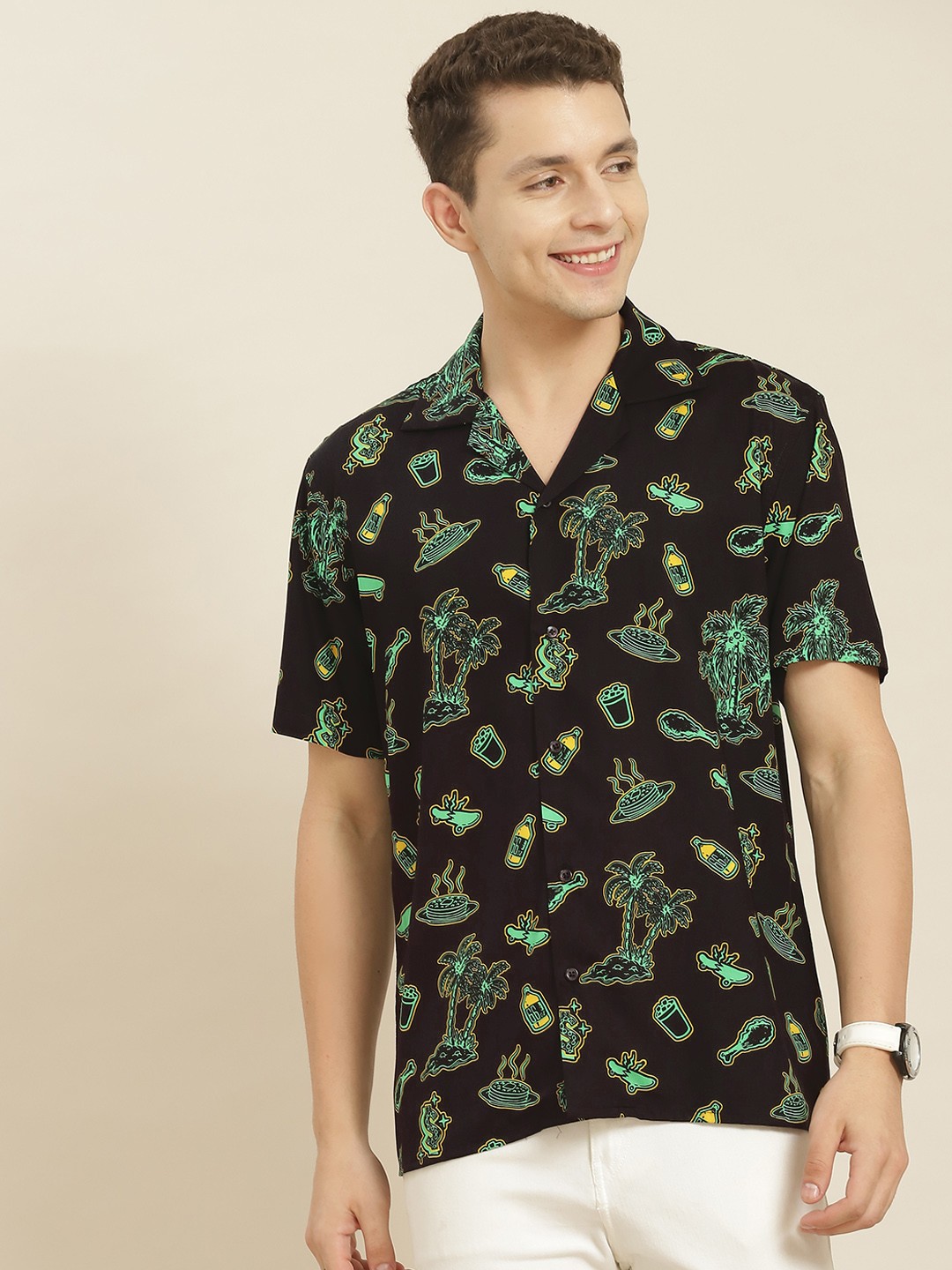

Hancock Men Black Printed Relaxed Fit Viscose Rayon Casual Resort Shirt