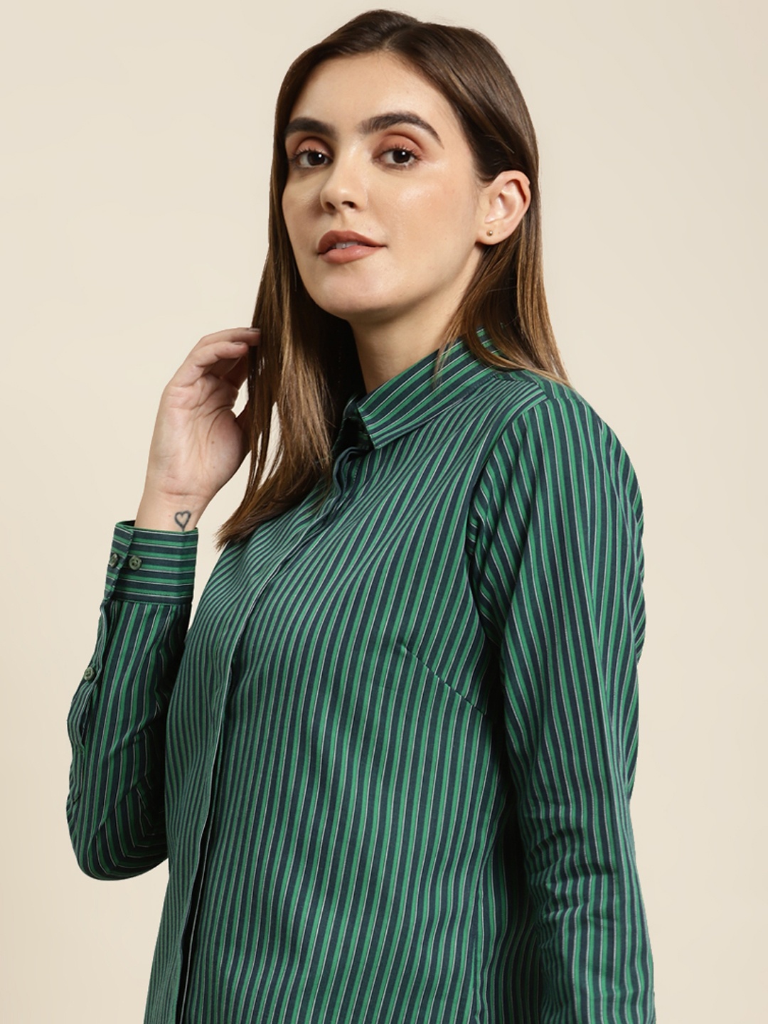 

Hancock Women Green Striped Pure Cotton Regular Fit Formal Shirt
