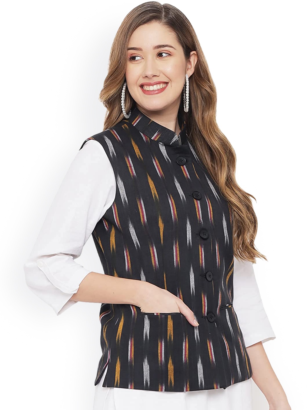 

Vastraa Fusion Women Pure Cotton Ikkat Nehru Jacket, Black