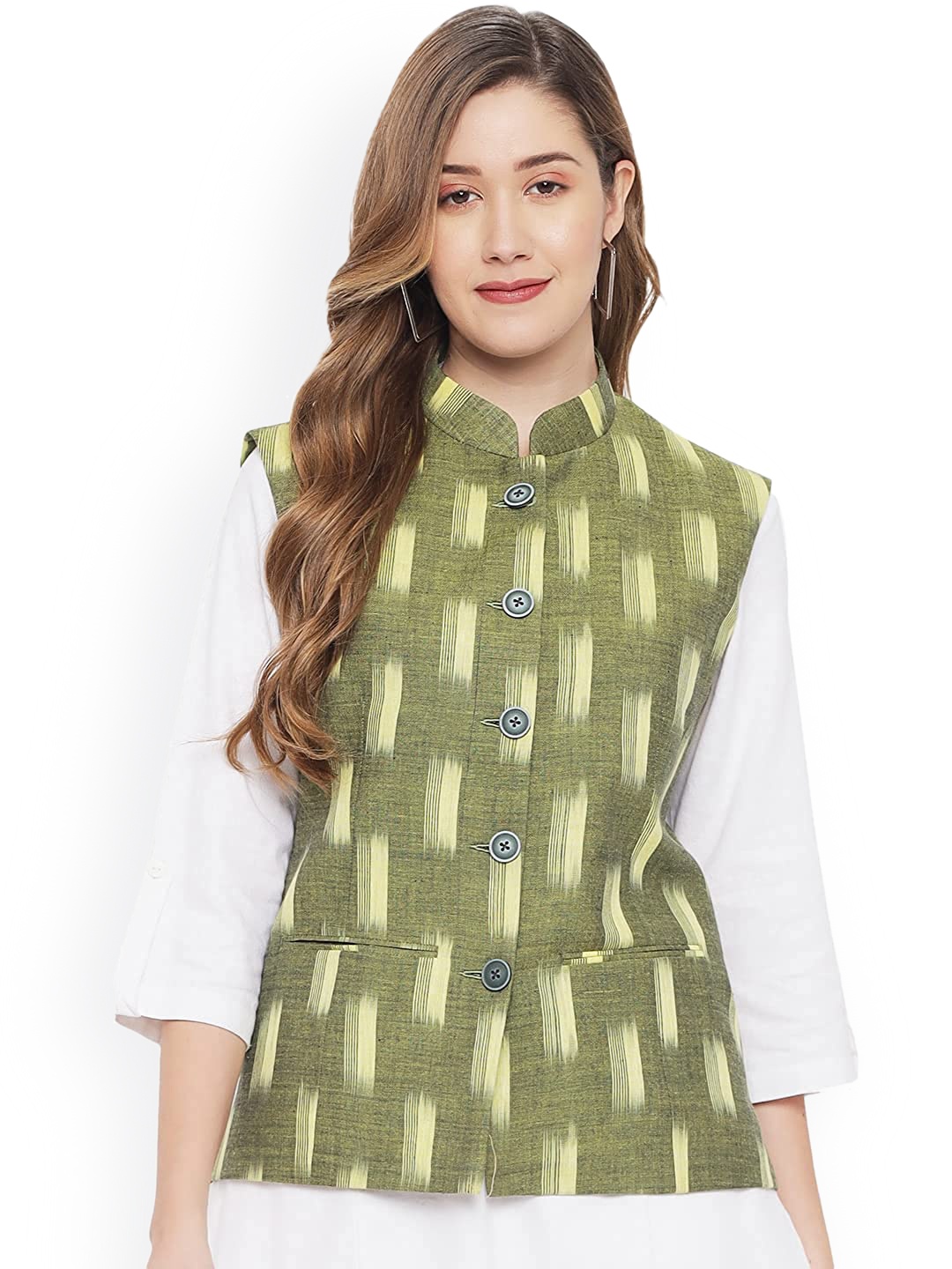 

Vastraa Fusion Women Pure Cotton Ikkat Printed Nehru Jacket, Green