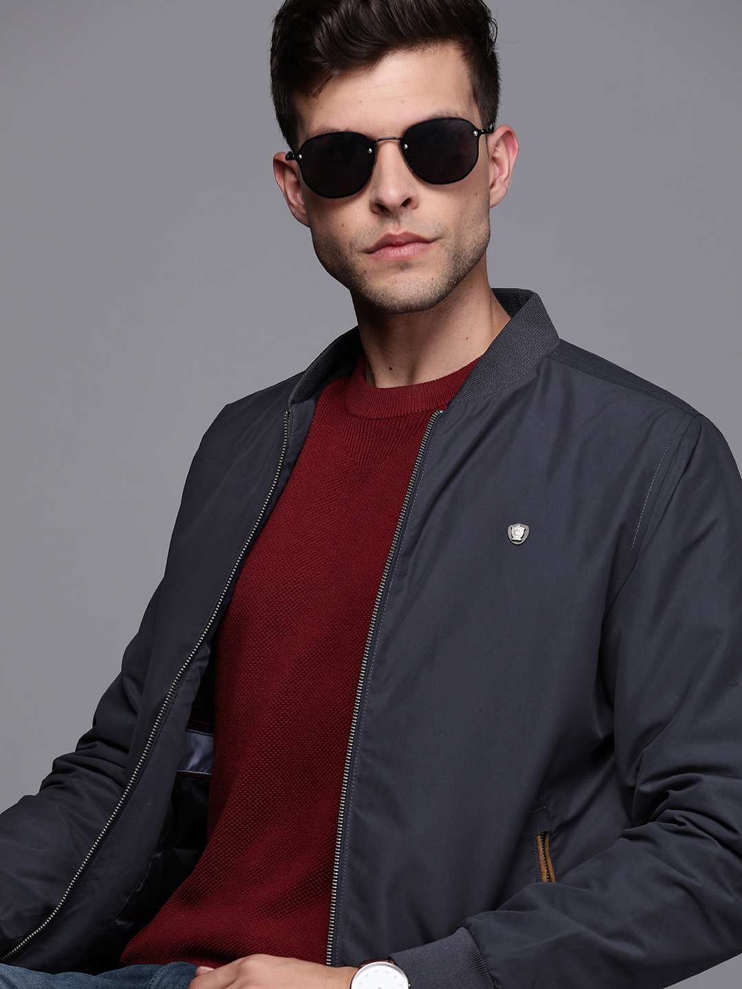 

Louis Philippe Men Navy Blue Solid Bomber Jacket