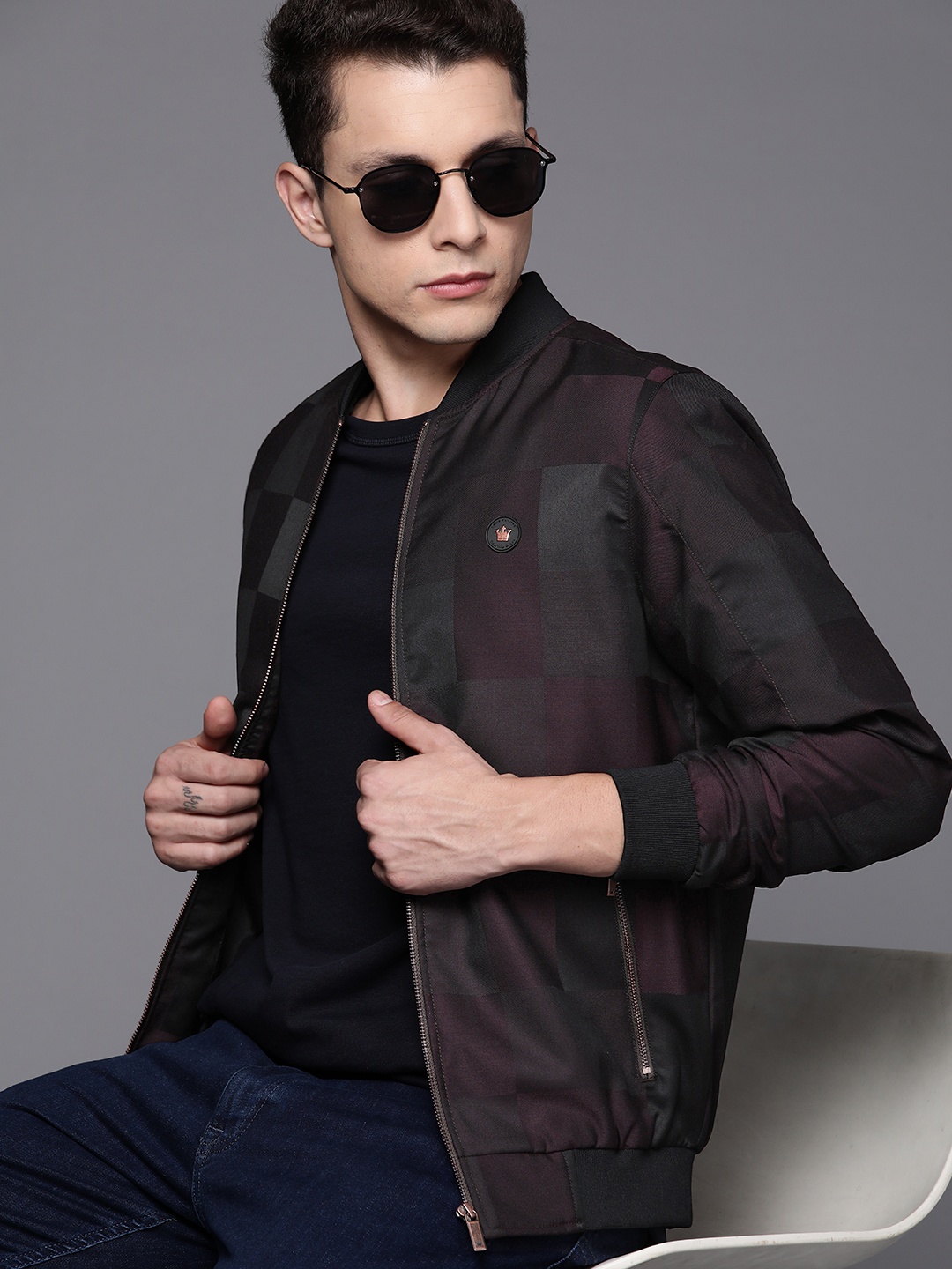 

Louis Philippe Men Burgundy & Black Checked Bomber Jacket