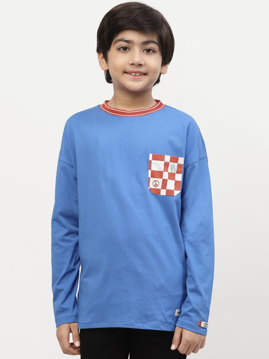 

SPUNKIES Boys Blue & Rust Checked Drop-Shoulder Sleeves Cotton T-shirt