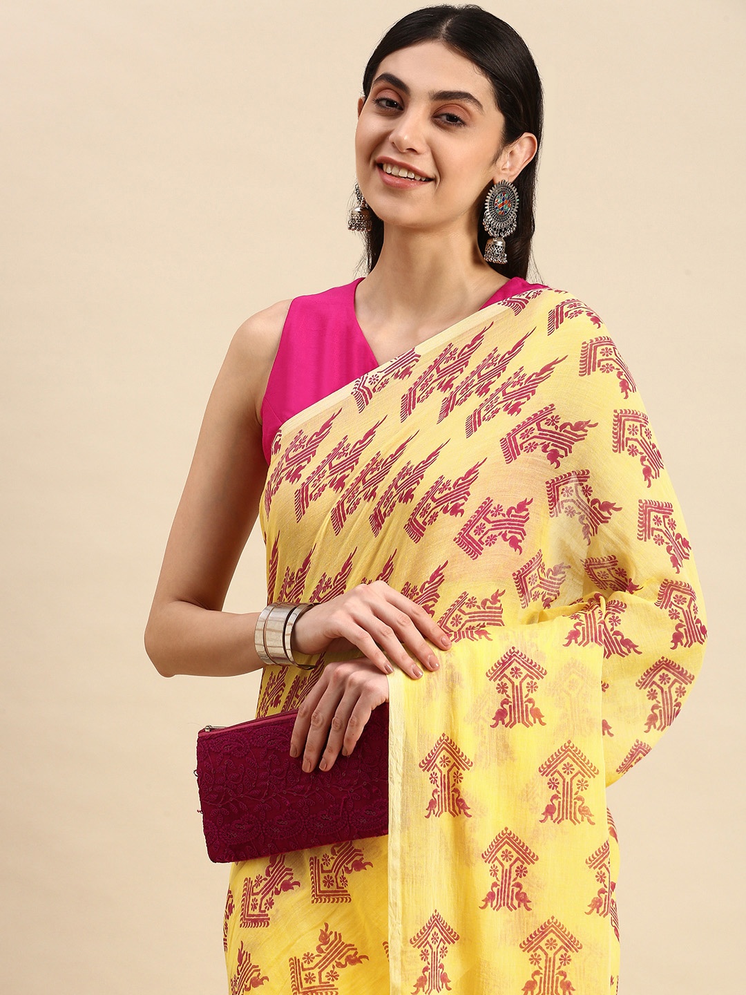 

Apaapi Threads of glory Yellow & Pink Ethnic Motifs Pure Cotton Saree