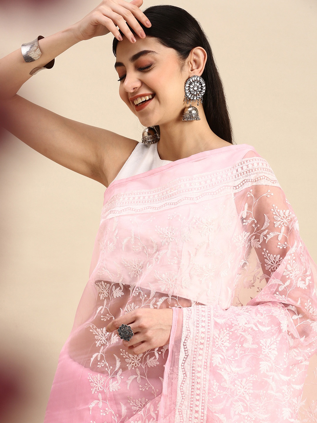 

Apaapi Threads of glory Pink & White Embellished Chikankari Organza Saree