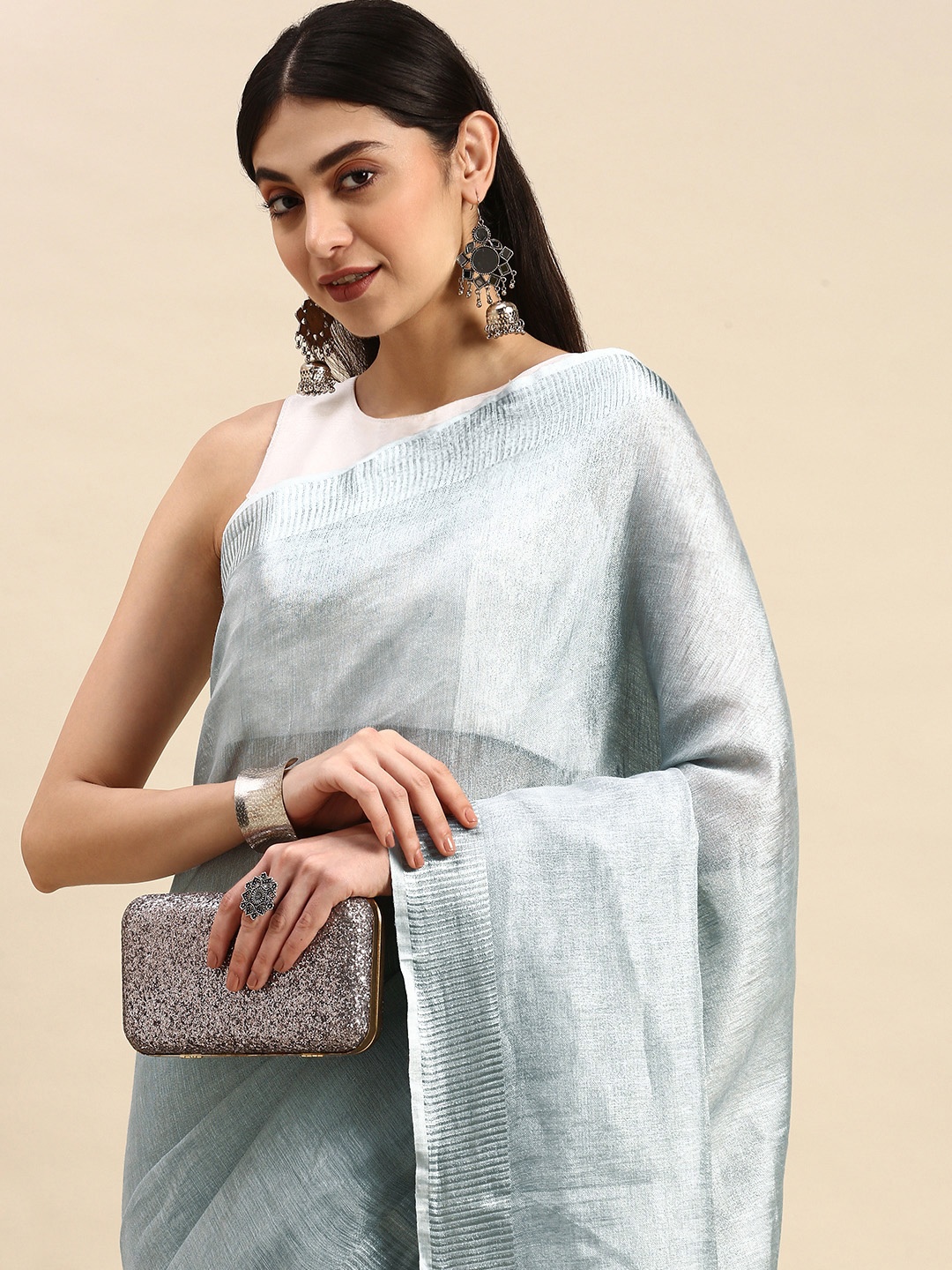 

Apaapi Threads of glory Silver Zari Tissue Saree