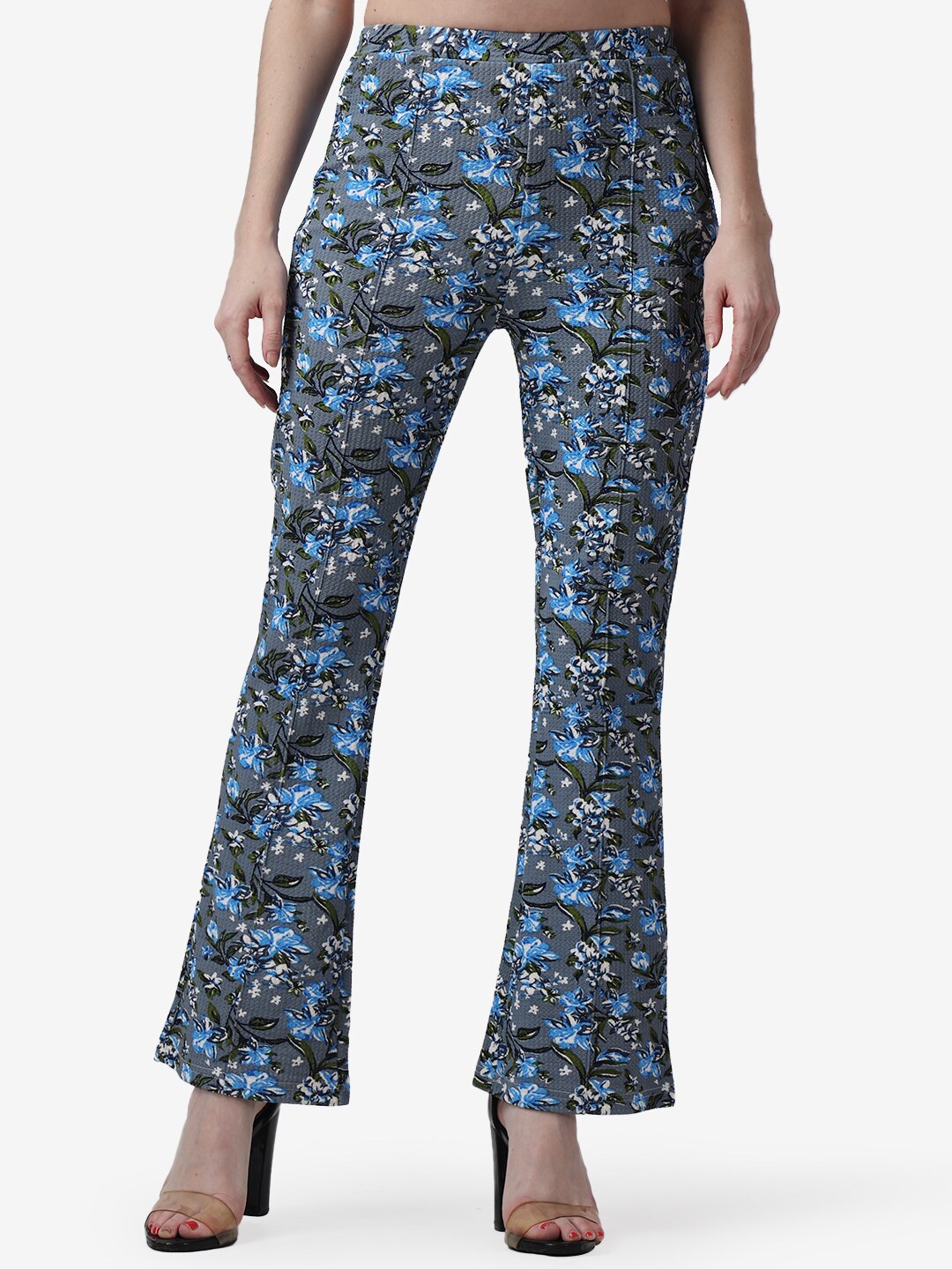 

Popwings Women Grey Floral Printed Smart Flared Easy Wash Trousers