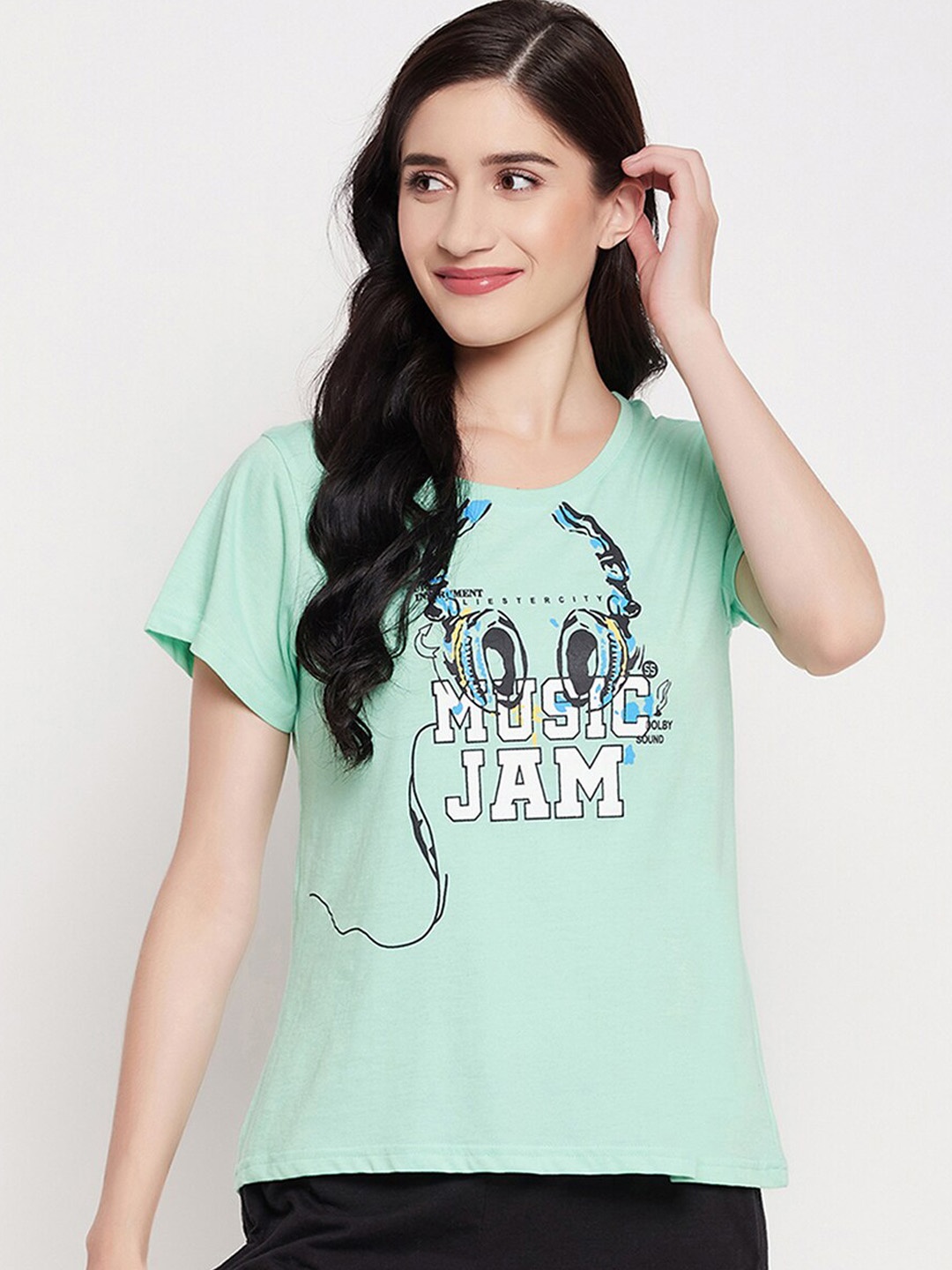 

Clovia Graphic & Text Printed T-shirt, Green