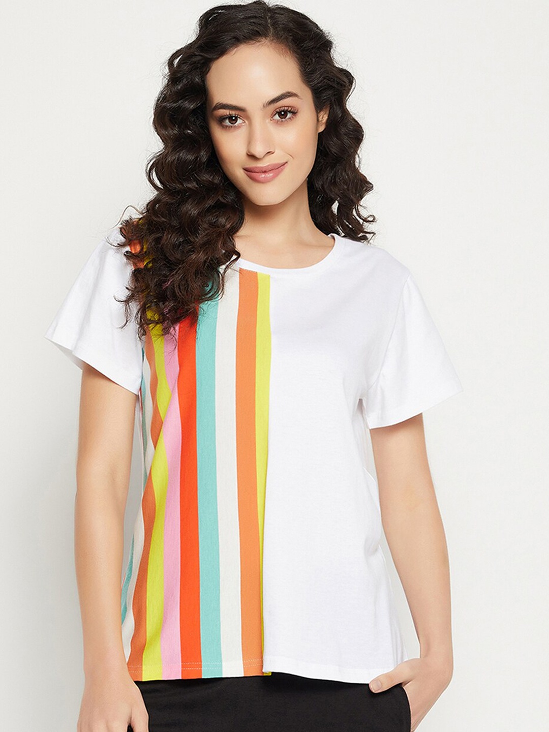 

Clovia Women White Striped Printed Pure Cotton Lounge T-shirts