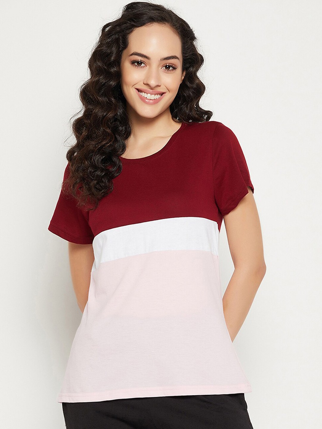 

Clovia Women Pink & Maroon Colorblocked Pure Cotton Lounge Tshirts