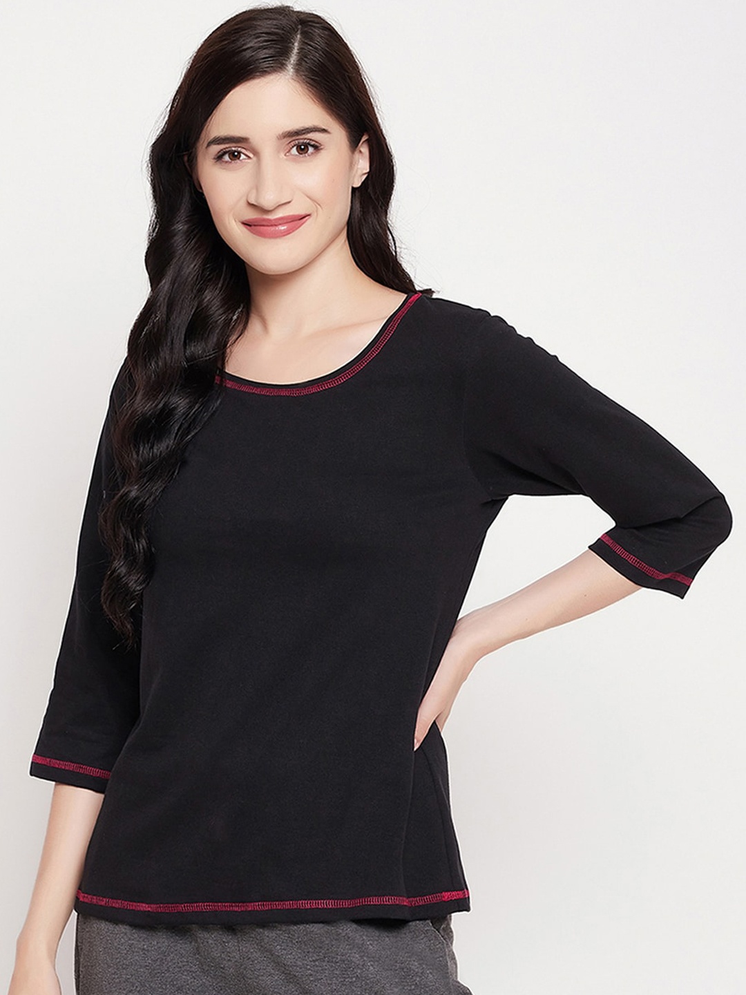 

Clovia Women Black Solid Pure Cotton Lounge T-shirts