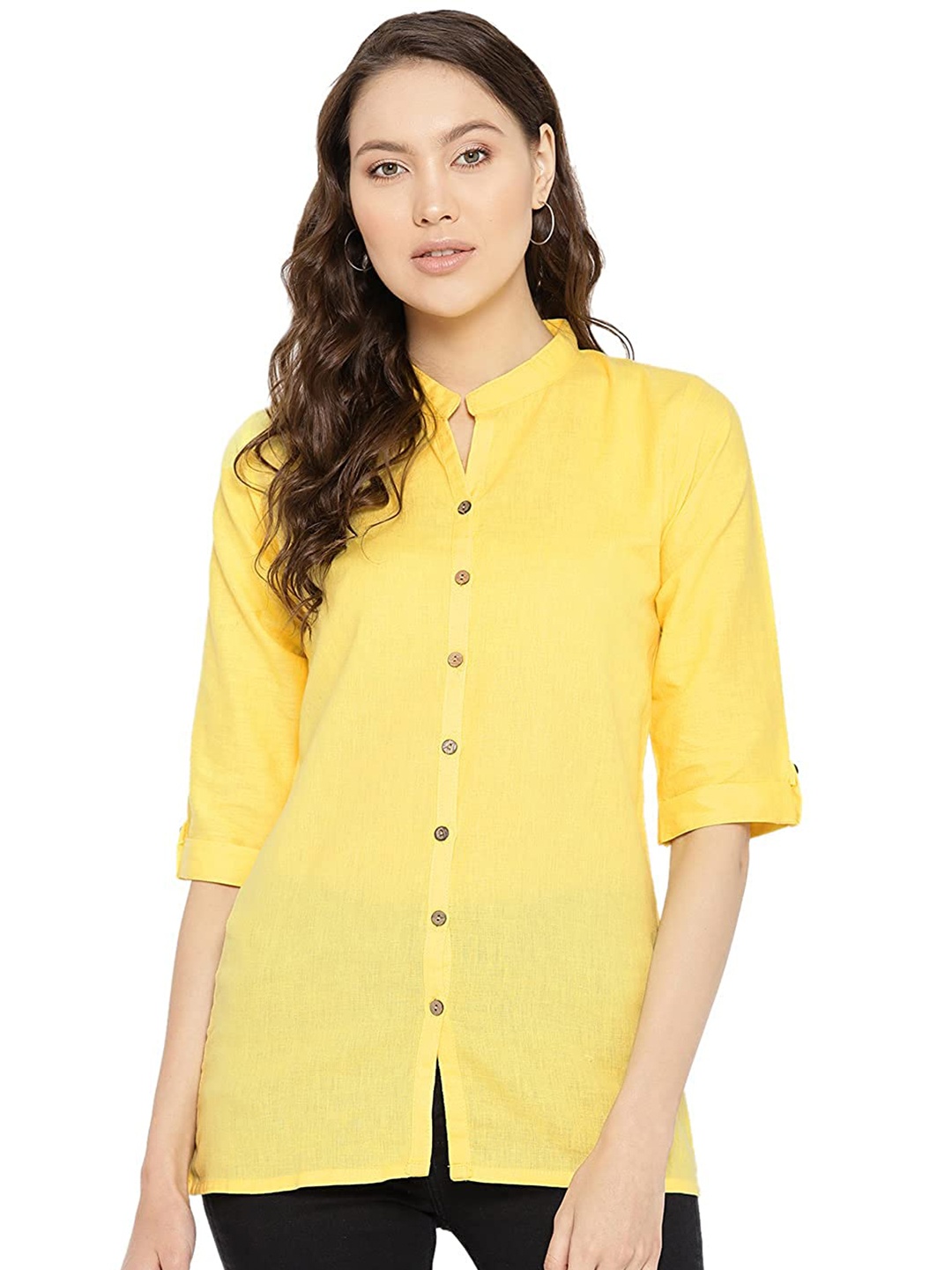 

Vastraa Fusion Comfort Mandarin Collar Pure Cotton Casual Shirt, Yellow