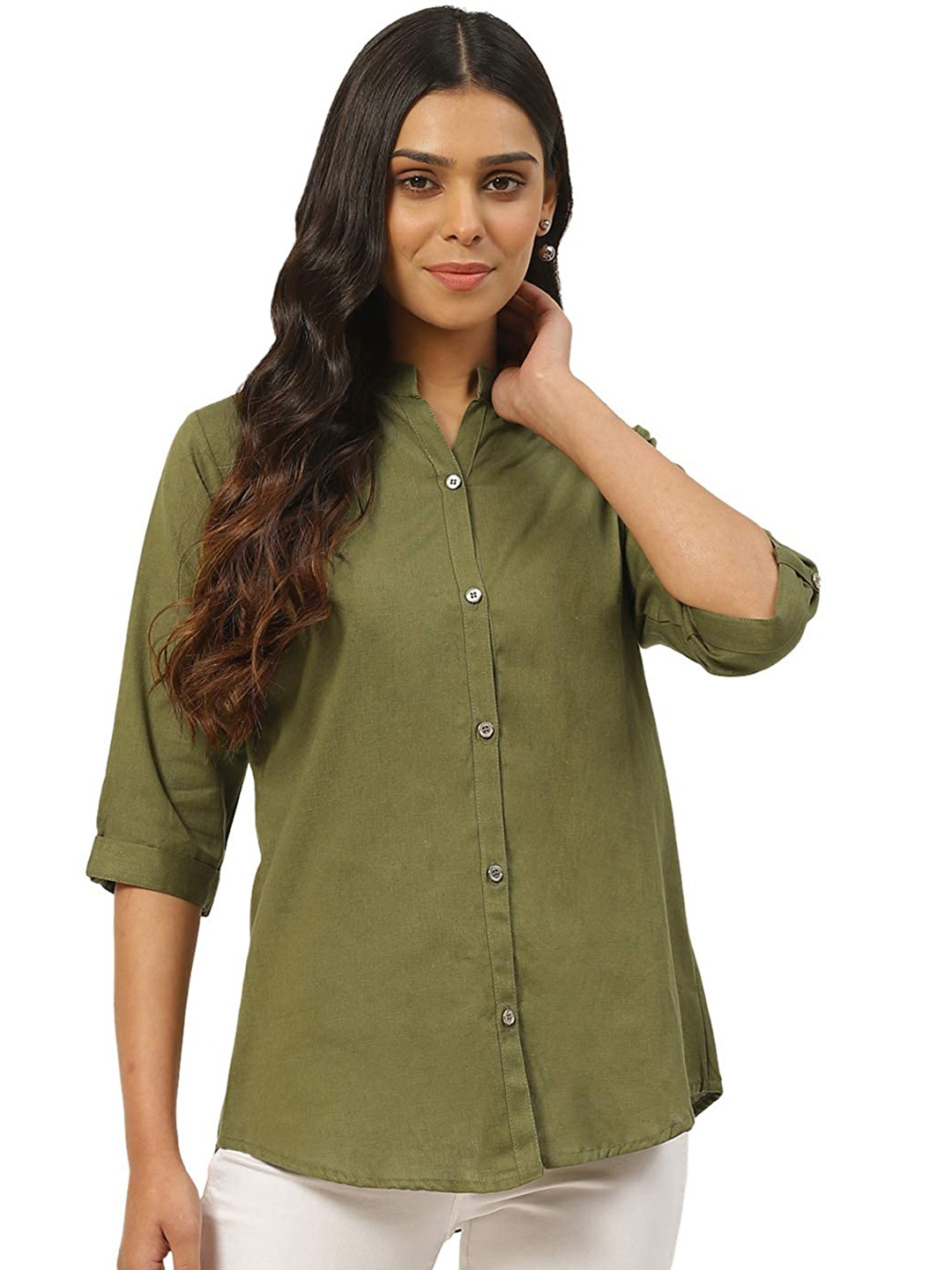 

Vastraa Fusion Comfort Mandarin Collar Pure Cotton Casual Shirt, Olive