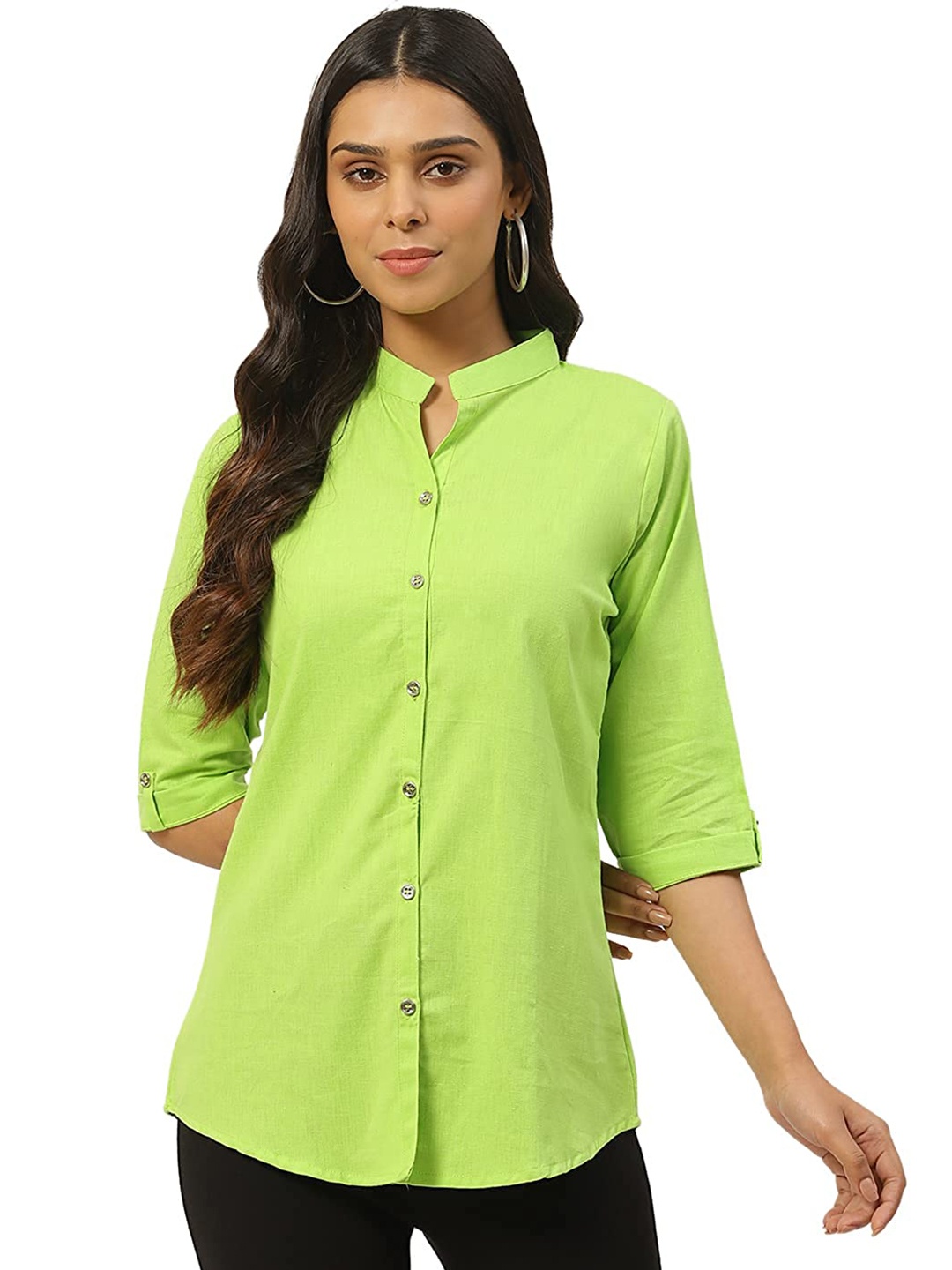 Vastraa Fusion Comfort Mandarin Collar Pure Cotton Casual Shirt, Green