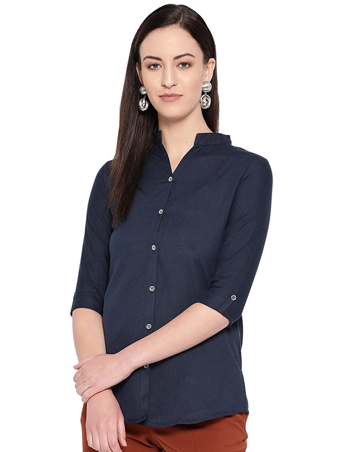 

Vastraa Fusion Comfort Mandarin Collar Pure Cotton Casual Shirt, Navy blue