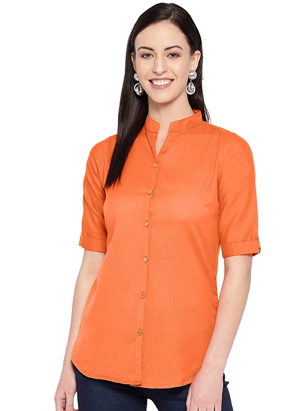 

Vastraa Fusion Comfort Mandarin Collar Pure Cotton Casual Shirt, Orange