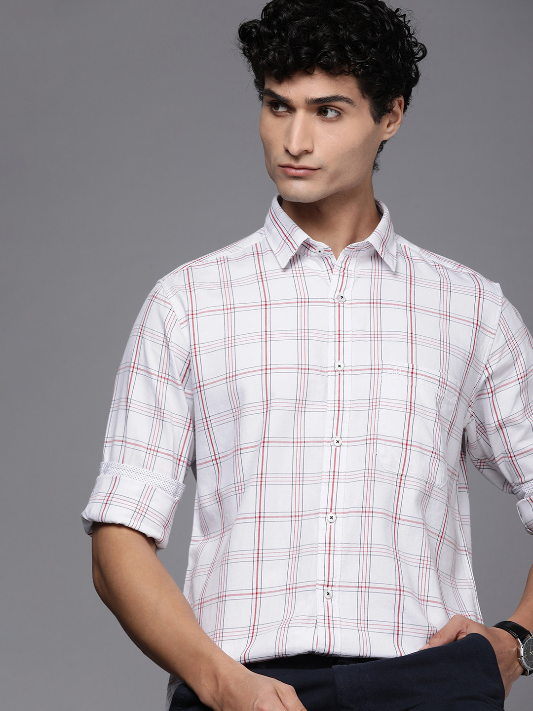 

Raymond Men Slim Fit Checked Pure Cotton Casual Shirt, White