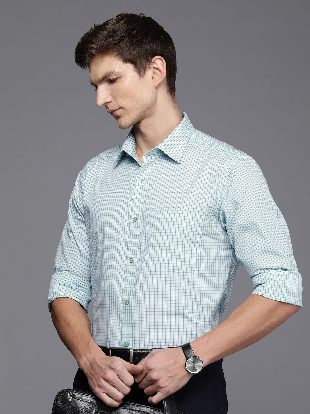 

Raymond Pure Cotton Slim Fit Grid Tattersall Checked Formal Shirt, Blue
