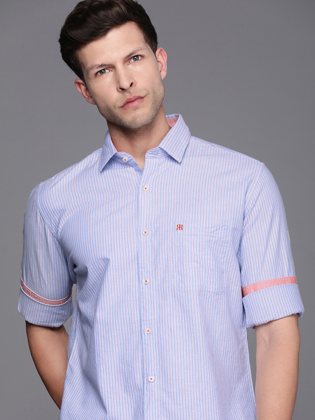 

Raymond Men Slim Fit Striped Pure Cotton Casual Shirt, Blue