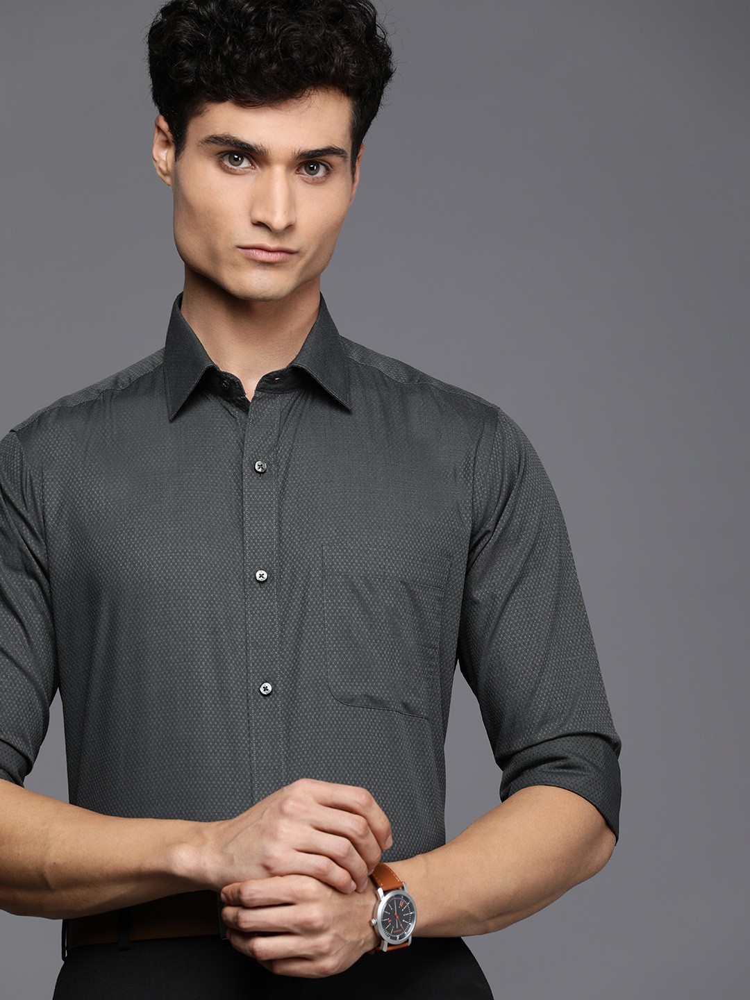 

Raymond Men Grey Self Design Slim Fit Pure Cotton Formal Shirt