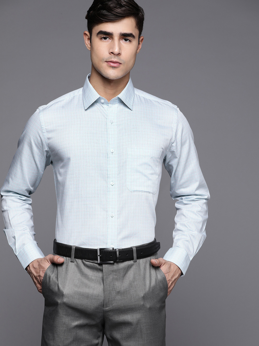 

Raymond Men Blue Pure Cotton Slim Fit Checked Formal Shirt