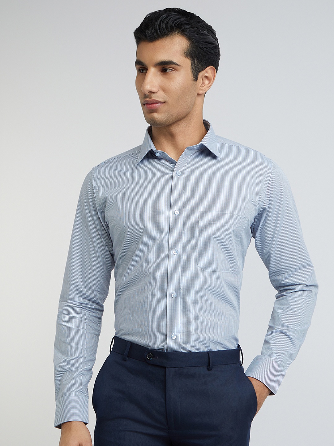

Raymond Men Blue And White Slim Fit Micro Checked Pure Cotton Formal Shirt