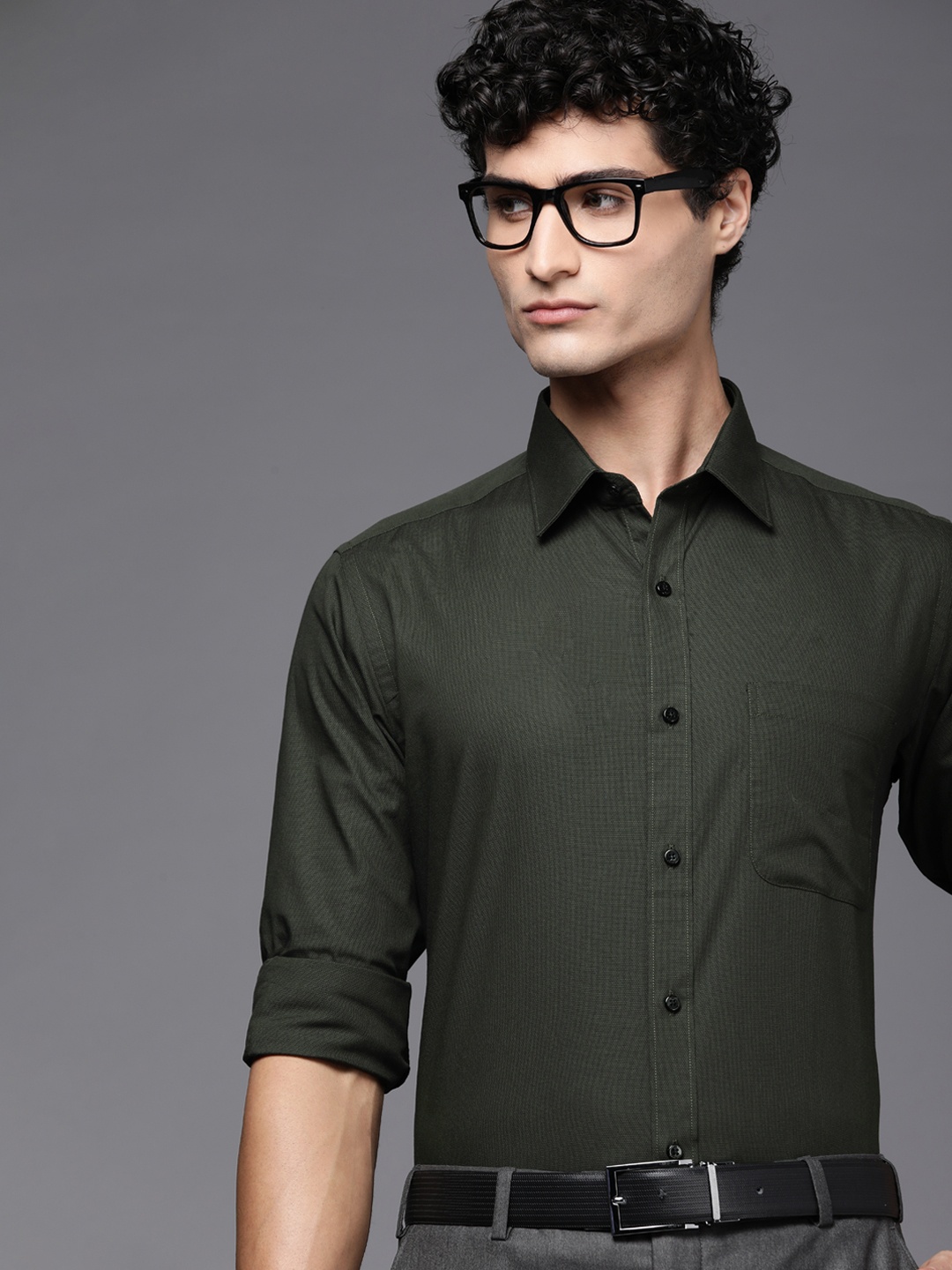 

Raymond Men Pure Cotton Slim Fit Solid Formal Shirt, Olive