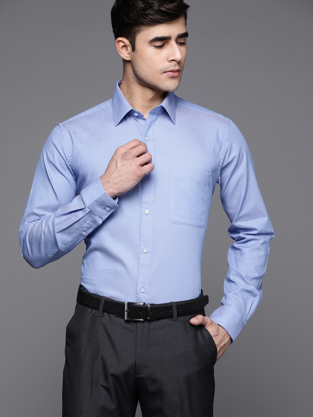 

Raymond Men Blue Solid Pure Cotton Slim Fit Formal Shirt