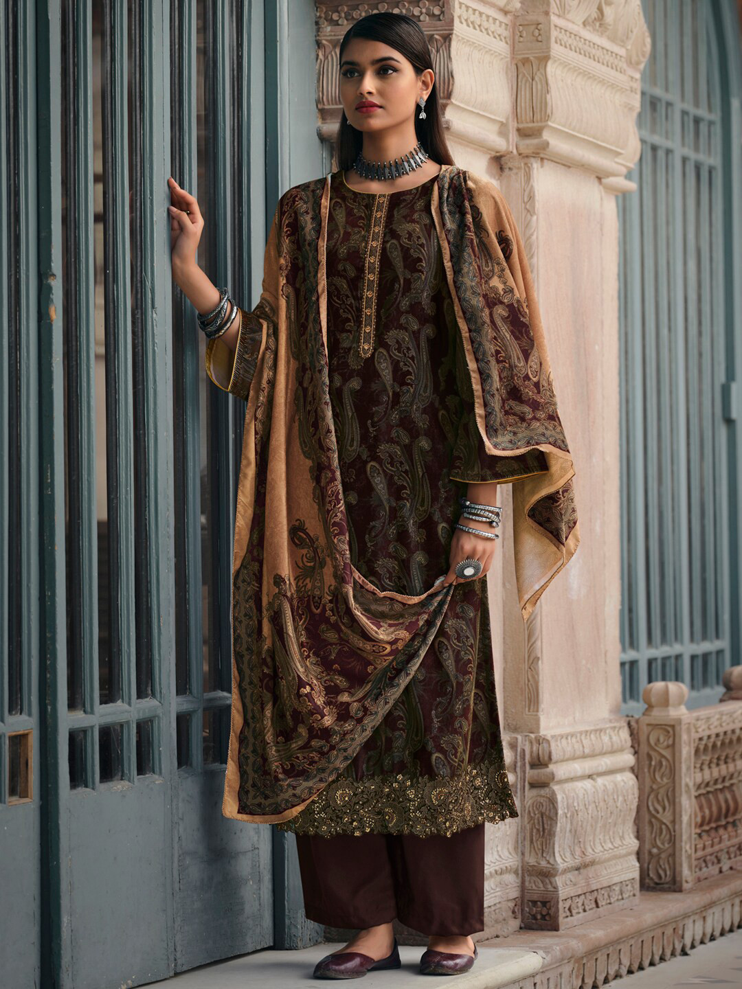 

Stylee LIFESTYLE Women Brown Embroidered Silk Crepe Unstitched Dress Material