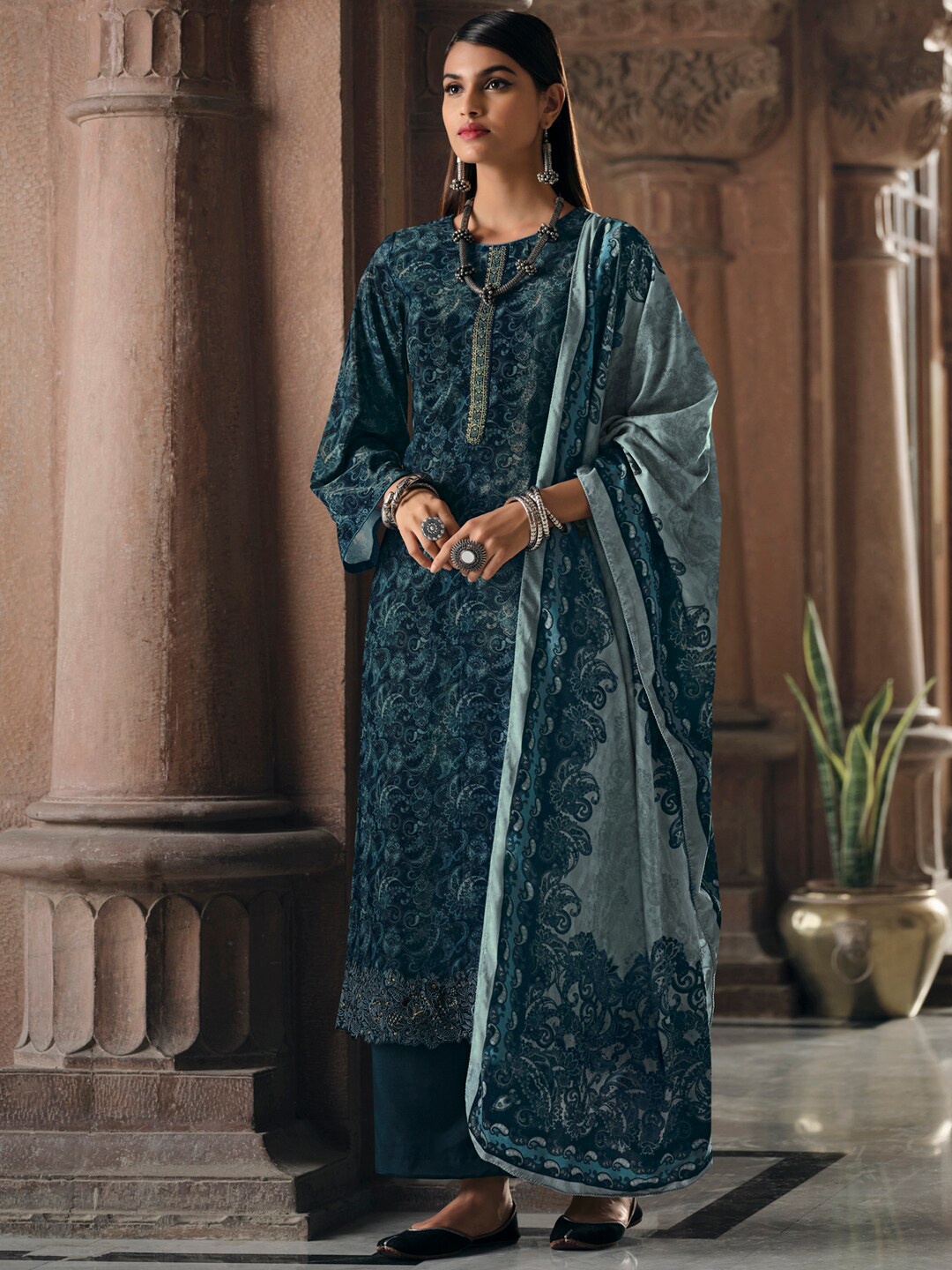 

Stylee LIFESTYLE Teal & White Printed Silk Crepe Unstitched Dress Material
