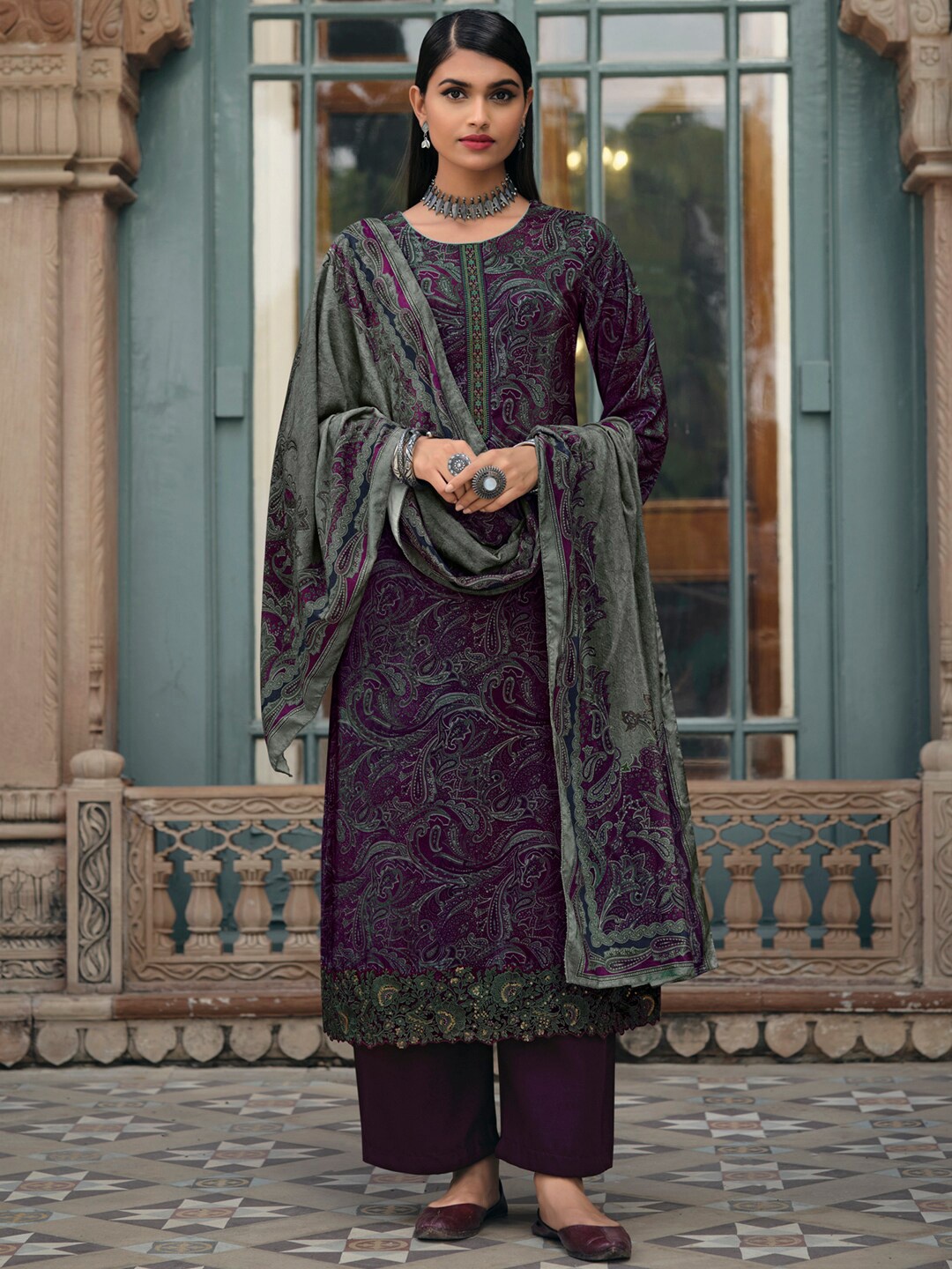 

Stylee LIFESTYLE Purple & Green Printed Silk Crepe Unstitched Dress Material