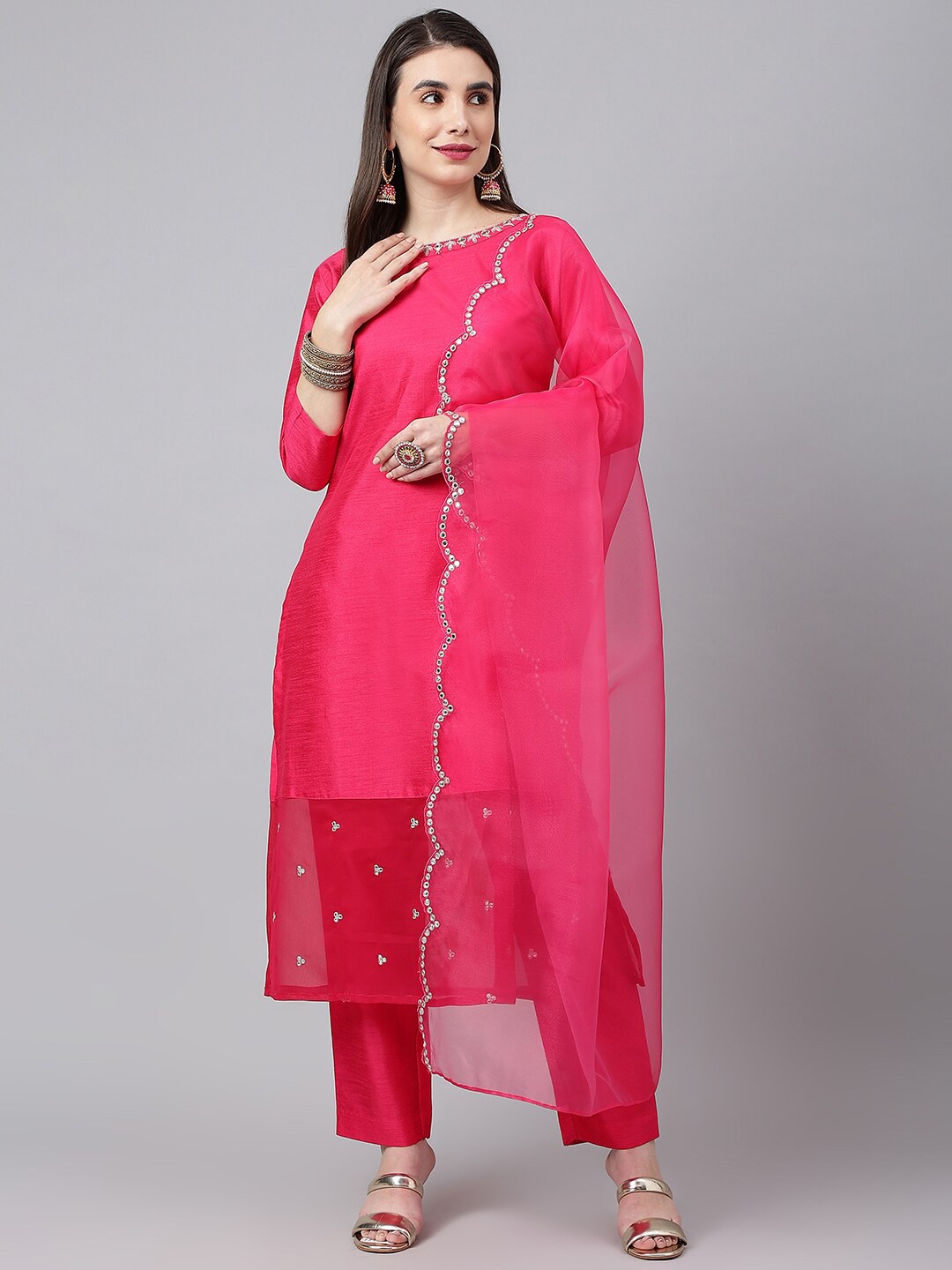 

SIAH Women Pink Embroidered Kurta with Trousers & With Dupatta