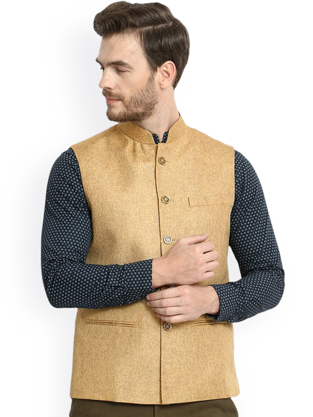 

Vastraa Fusion Men Mustard Yellow Woven Design Nehru Jacket
