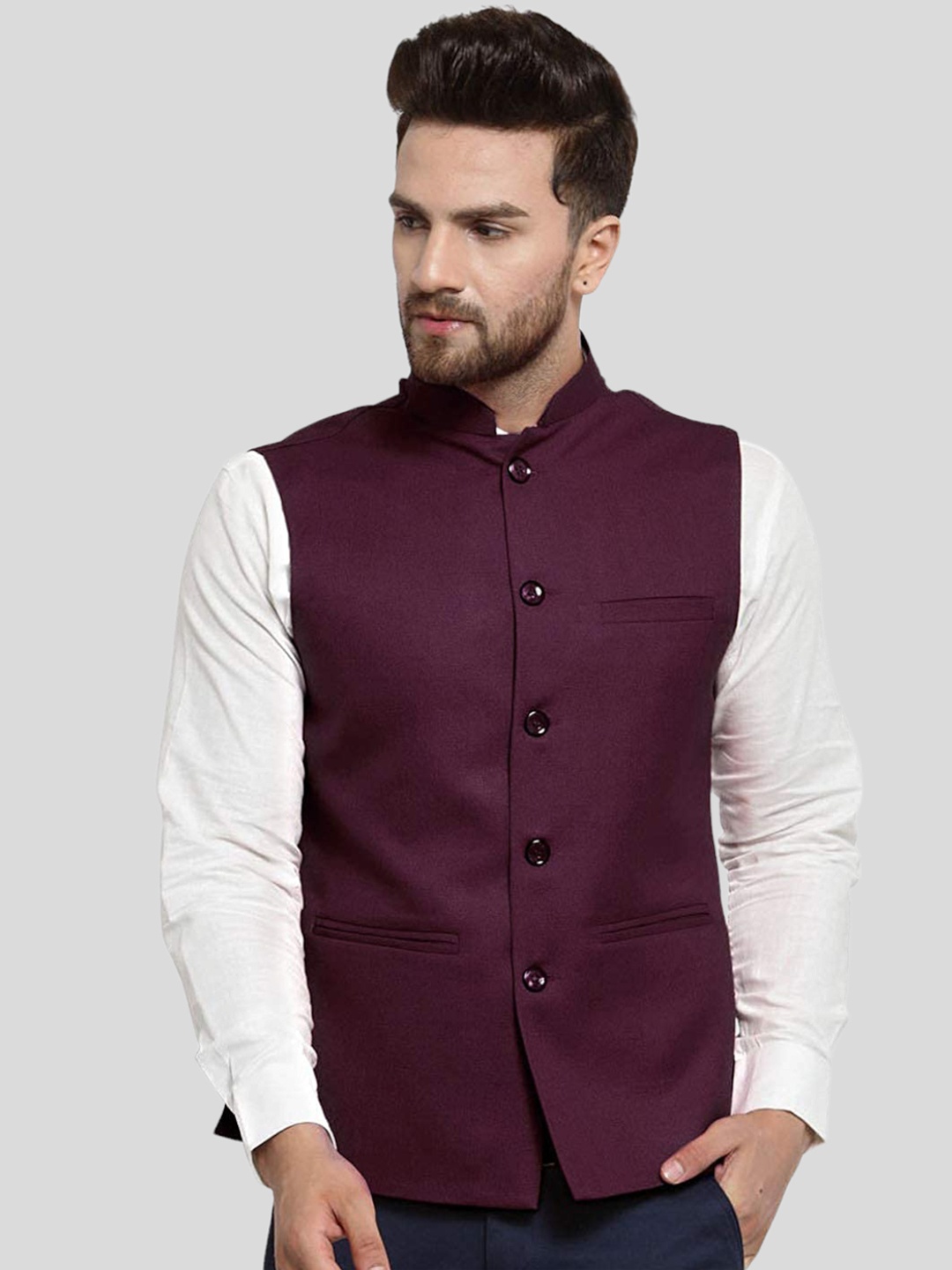 

Vastraa Fusion Men Purple Solid Woven Nehru Jackets