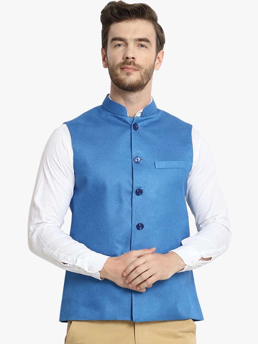 

Vastraa Fusion Men Blue Woven Design Nehru Jacket